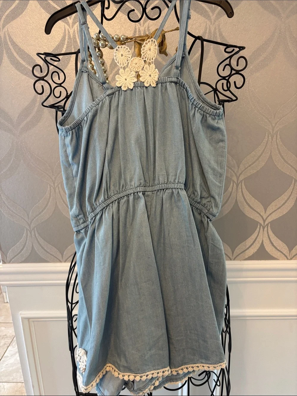 Hannah Banana Light Blue Embroidered Romper with Cream Trim